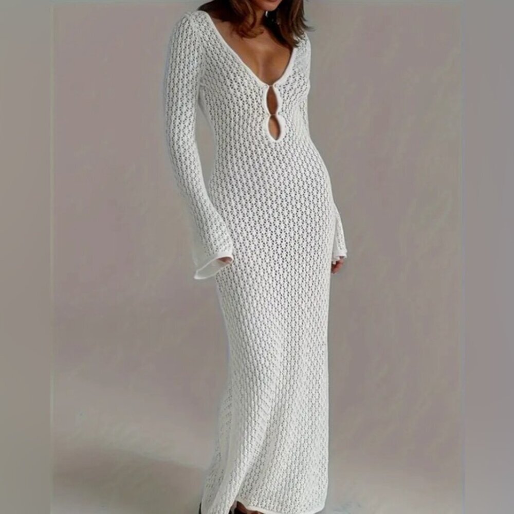 Crochet knit Fishtail Flare Sleeve Maxi Dress swimsuit cover up dress - Picture 5 of 8